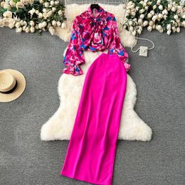 Work Dresses 2024 Fashion Senior Skirt And Blouse Set For Women Vintage Flower Print Bow Neck Long Sleeved Shirt Bodycon Suits