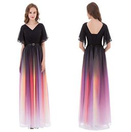 Real Image 2019 Gradient Colour Chiffon Prom Dresses V Neck Cape Sleeve A Line Lace Up Formal Occasion Evening Dresses Cheap SD4122459535