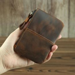 Purses Vintage Crazy Horse Leather Men Coin Purse Retro Key Holder Small Money Bag Clutch Bag Genuine Leather Zipper Coin Wallet