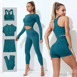 Yoga clothing seam set exercise sportswear gym clothing fitness long sleeved exposed navel top high waisted leggings sports set 20241032