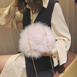 Bags Luxury Fur Pearl Bag Women Luxury Designer Ostrich Feathers Round Evening Party Bag Famous Brand Handbags Fall Winter Purses