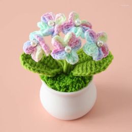 Decorative Flowers Mini Crochet Flower Potted Plant Cute Gradient Color Knitted Artificial Desk Decor Teacher's Day Gift Wedding Guest