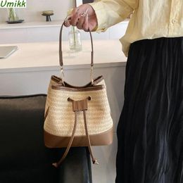 Shoulder Bags Handwoven Drawstring Bucket Bag Summer Cotton Straw Crochet PU Patchwork Woven Crossbody Bohemian Beach Handbag