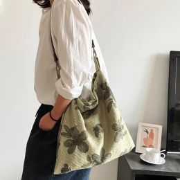 Buckets Hylhexyr Vintage Flower Tote Versatile Small Leather Rope Single Shoulder Bag Cotton Cloth Underarm Bags Women's Handbag