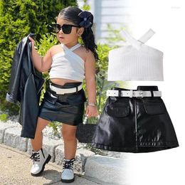 Clothing Sets Kids Girl 2 Piece Outfit Solid Colour Ribbed Camisole And PU Leather Skirt With Belt Set For Toddler Summer Clothes