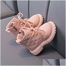 Boots Spring Autumn Girls Children Shoes Thin Veet Kids Snow Boot Toddler Fashion Leather Embossing Non-Slip Ankle Short Bootboots Dro Dhccd