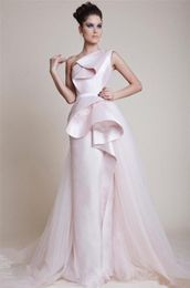 ALine One Shoulder Celebrity Red Carpet Evening Dresses Tiered Stain and Tulle Overskirt Floor Length Light Pink Formal Prom Occa7284302