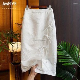 Ethnic Clothing 2024 Chinese National Retro Style Disc Buckle White Skirt Female Spring High Waist Print Irregular Split Wrap Hip S516