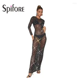 Casual Dresses Spifore Glitter Diamonds Maxi Women Dress Long Sleeve O Neck See Through Mesh Vestidos Sexy Sparkle Party Clubwear Outfits