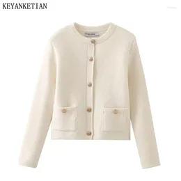 Women's Knits KEYANKETIAN 2024 Launch Spring Basic Knit Cardigans Elegant Simply O-Neck Single Breasted Slim Sweater Crop Top