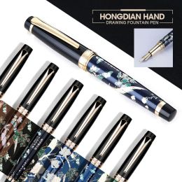 Pens HongDian HandDrawing Fountain Pen Blue Magpie Nib exquisite Office Business Writing ink pens Stationery Students Gift pens