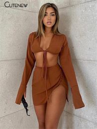 Work Dresses Cute Solid Casual Two Piece Set Women Long Sleeve V-Neck Lace Up Crop Top Side Slit Mini Skirts Matching Lady Vacation Outfit