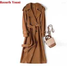 Women's Leather European Women Kid Suede Trench Coat 2024 Winter Large Lapel Double Breast Belt Genuine Overcoat Long Manteau Femme