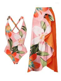 Women's Swimwear Floral Print 2024 Summer Female One-Piece Swimsuit And Skirt Womenen Beach Wear Bodysuit Vacation Sexy