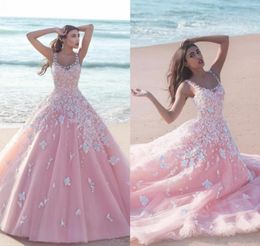 Pink Floral Flower Ball Gown Quinceanera Dresses 2020 Applique Tulle Scoop Sleeveless Lace Bodice Long Prom Dresses Formal Party2478775