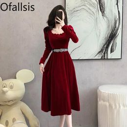 Party Dresses Ofallsis High Grade Wine Red Diamonds Evening Dress 2024 Autumn Winter Wedding Engagement Toast Square Neck Velvet