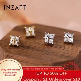 Stud Earrings INZAReal 925 Sterling Silver Zircon CZ Square Cross For Women Trendy Fine Jewelry Exquisite Accessories