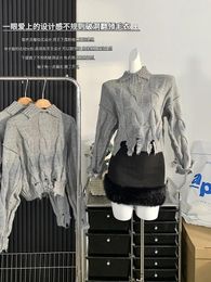 Women's Sweaters Autumn Winter Grey Women Casual Turtleneck Knitted Pullovers Office Lady Asymmetrical Sweater Ripped Hole Fashion