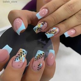 False Nails Fashion Leaves Square Head False Nail Set Press Nude Nail Pink Ergonomic French Blue Edge False Nail Tip Y240419KXF0