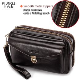 Wallets Men Genuine Leather Long Wallet Money Bag Double Zipper Male Wallet Pocket Case Purse 6.5" Cell/Mobile Phone Cigarette Bags