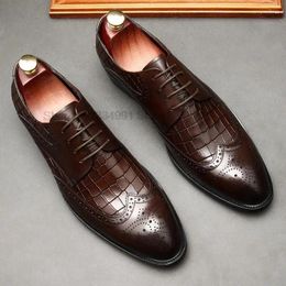 Dress Shoes Mens Oxford Genuine Leather Handmade Black Wine Red Lace Up Brogue Crocodile Pattern Wedding Formal For Men