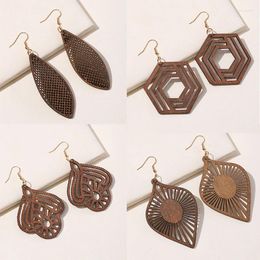 Dangle Earrings Women's Geometric Shape Wooden Ethnic Hollow Carving Boho Brown Color Earring Jewelry Accessories Gifts