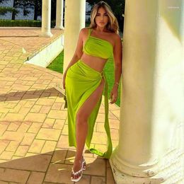 Dress For Women Beach Outfit Fashion Summer Solid Color Pleated Halter Top Split Skirt Suit Print Spandex Cover Up Swimwear