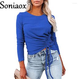 Women's T Shirts 2024 Autumn Women Ribbed Solid Colour Long-Sleeve Round Neck Drawstring Fashion T-Shirt Ladies Casual Slim Street Tops