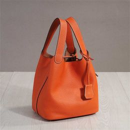 Tote bag genuine leather Lunch Pack Bag Trendy Layer Cowhide Water Bucket Cabbage Basket Picnic