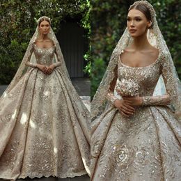 Luxurious Sequined Wedding Dresses Ball Gown Scoop Neck Sheer Sleeve Vestido De Noiva Beading Sequined Bridal Dress