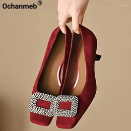Dress Shoes Ochanmeb Kid Suede Pumps For Women Thin Heels Crystal Square Buckle Slip-on Shallow Toe Wine Red Ladies 33-40