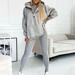 Women's Two Piece Pants Women Hooded Casual Suit Long-sleeve Pocket Pullove Top Cosy Hoodie Vest Set With Elastic Waist Button For