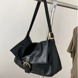 Bags Women Vintage Hobos Black Shoulder Bag Pu Leather Soft Crossbody Bags Female Simple Large Capacity Tote Handbag Solid Color 2023
