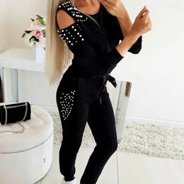 Women's Two Piece Pants Fashion Jogger Suit Pullover Cold Shoulder Slim Women Sporty Outfit Ankle Banded Set For Party