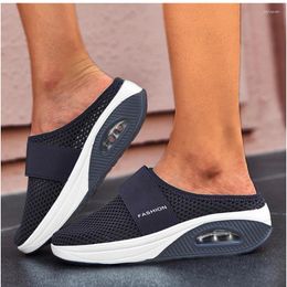 Slippers Women's Mesh Flat Shoe Summer Air Cushion Causal Ladies Half Slip On Breathable Wedge Shoes For Women Sandalias