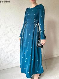 Casual Dresses 2024 Female Flower Printed Slim Belt Party Dress Elegant Lady Maxi Women Autumn Long Sleeve Flounced Edge A Line