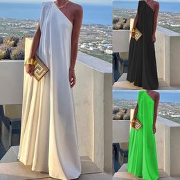 Autumn Spring Womens Clothing Graceful And Fashionable Solid Color Loose One Shoulder Long Dress