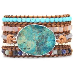 Bracelets Ocean Blue Stone Bracelet Boho 5X Leather Friendship Wrap Bracelet Bohemia Jewelry Bohemian Bracelet