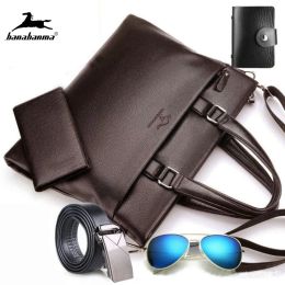 Bags Men's Leather Briefcase Totes Bag for Documents Men Shoulder Bag Male Business 14inch Computer Bag (5pcs / with Purse and Belt