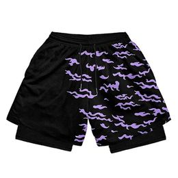 Mens 2 in 1 Running Shorts Male Workout Anime Training Yoga Gym Sportswear Pants Sport Short with Pockets 240416