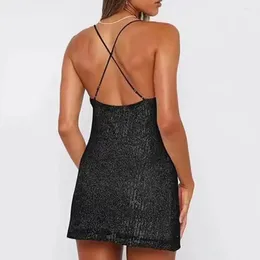 Casual Dresses Sequin Embellished Dress V-neck Sparkling Party With Spaghetti Straps Backless Design For Women Slim