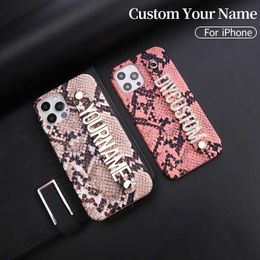 Cell Phone Cases Snake Skin Leather Personalied Custom Name Phone Case For iphone 12 11 13Pro Max 7 8 Plus X XS XR Diamond Metal Letter Cover J240418