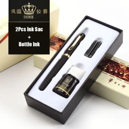 Pens Duke 209 Luxury Black and Gold 0.5mm Fountain Pen with 2Pcs Ink Sac 1Pcs Bottle Ink Metal Steel Pens for Gift Free Shipping