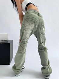 Women's Jeans Oversized Green High Waist Straight Slim Wide Leg Trousers Vintage Clothes Baggy Women Cargo Pants