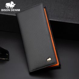 Wallets BISON DENIM New Designer Carbon Fiber Men Long Wallet With Airtag Holder RFID Blocking Bill Card Holder Long Purse Men Gift