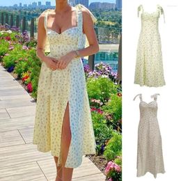 Casual Dresses Women Floral Slit Dress Elegant Print Lace-up Midi For Summer Beach Vacation Sleeveless V Neck Split Hem Women's