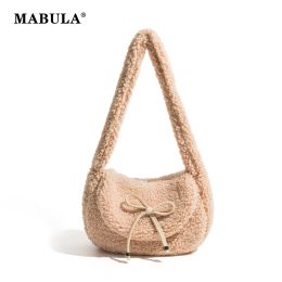 Hobos MABULA knot Design Cute Girl's Faxu Fur Hobo Purse Soft Furry Plush Single Shoulder Bag Fluffy Female Cover Elegant Tote Handbag