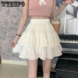 Pleated Aline Skirt White Women Ruffles Sweet tie Preppy Style Elastic Waist Slim Thin SimpleCasual Summer Wholesale 240419