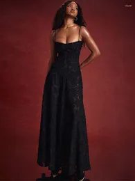 Casual Dresses LZEQuella Women Spaghetti Strap Black Lace Sexy Backless Hollow Long Fashion Night Club Party Vestidos