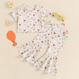 Clothing Sets Girls Summer 2PCS Pants Short Sleeve Crewneck Tops Chicken Print Flared